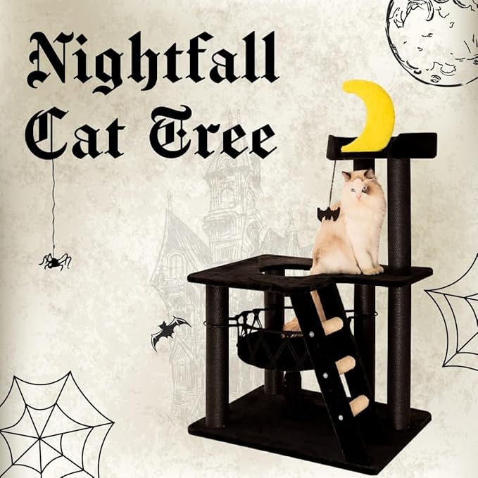 Happy&Polly Gothic Cat Tree- Black Cat Tower with Spacious Private Basket Bed, Natural Sisal Scratch Post& Climbing Ladder with Hanging Bat Toy,Multi-Level Cat Activities Furniture for Perching