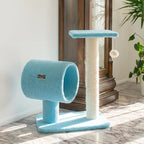 Cat Tree with Scratching Post and Tunnel, Blue Velvet, Natural Sisal Post, 24x14x26 Inches, with Hanging Toy Ball