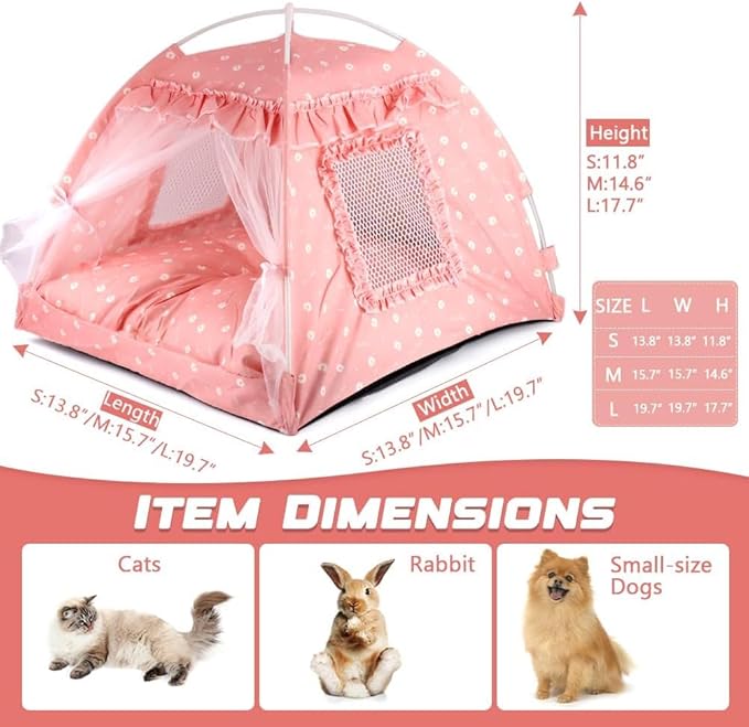 Pawstrip Dog Tent Indoor Cat House Pink Puppy Bed Portable Pet Teepe Princess Dog Camping Tent Outdoor Kitten Houses Cute Bunny Nest Girl Kitty Cave, Medium (15.7"x15.7"x14.6")