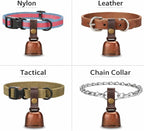 kcrygogo Leather Dog Collar Bell with Quick-Release Snap Buttons Training Bells with Leather Button Strap and Pet Anti- Lost Silver Pendant ID Tags (2Sets)