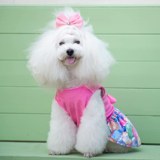 CuteBone Happy Easter Eggs Dog Dress Velvet for Small Dogs Girl Pink Puppy Dresses Dog Clothes CVA18XXS-D