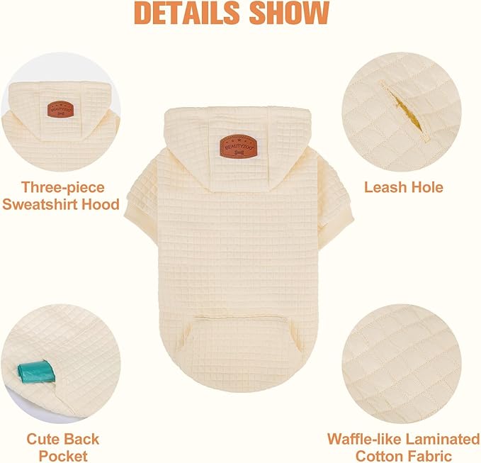 BEAUTYZOO Small Dog Hoodie Sweater with Pockets, Dog Clothes for Small Medium Dogs Boy Girl, Waffle-Like Laminated Cotton Pet Coats with Hat and Leash Hole, Cream L