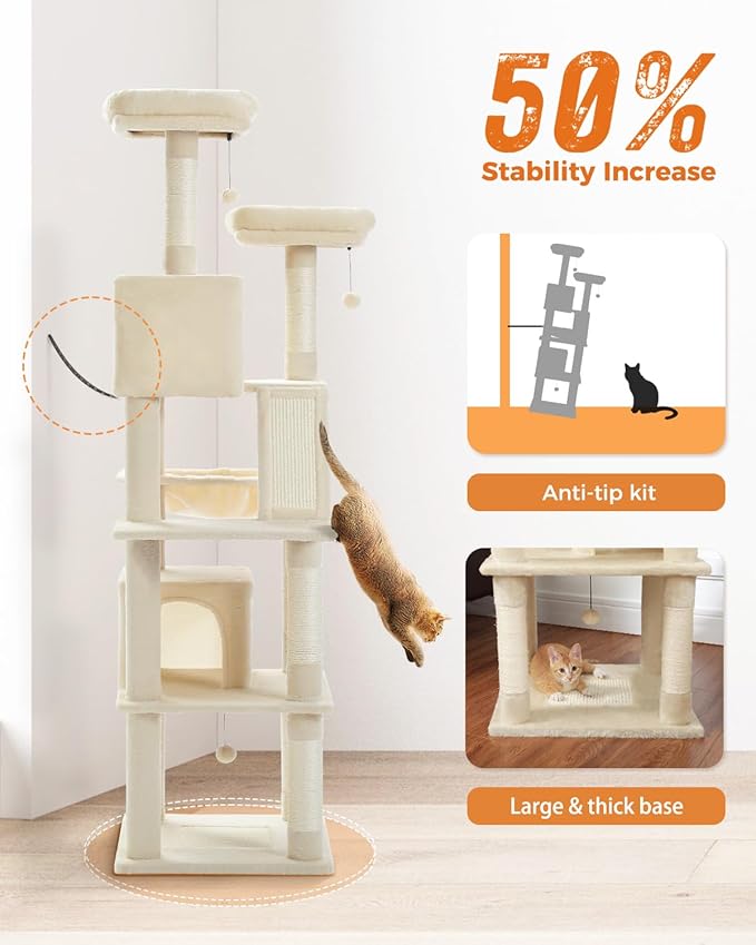 PEQULTI 71'' Cat Tree for Indoor Cats with Big Hammock, Tall Cat Tower for Large Cats with 2 Cat Condo, 2 Soft Top Perch, Scratching Posts and Pad, Beige