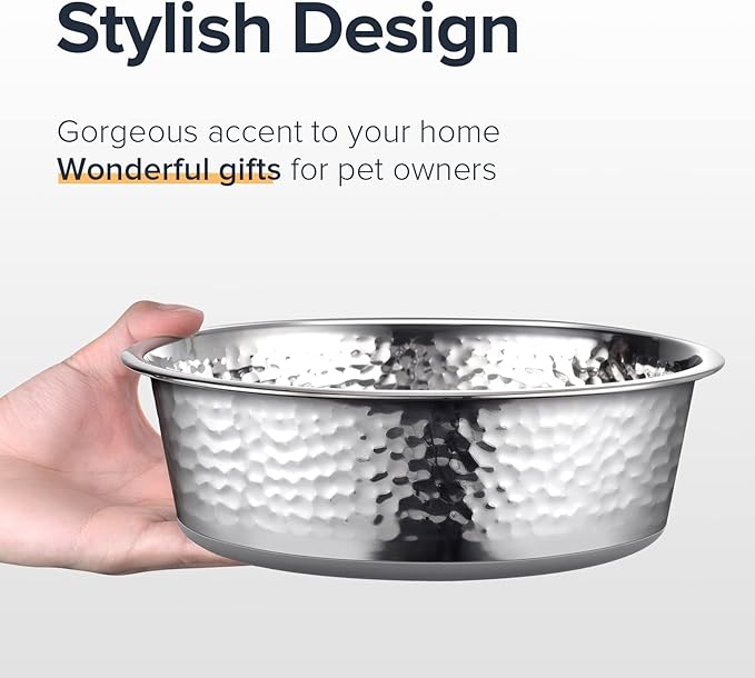 URBUDDIES 2 Pack Hammered Stainless Steel Cat Bowls, Premium Metal Cat Bowls with Non Slip Rubber Bottom, Dishwasher Safe, Easy to Clean, 2 Cup, Gray Bottom