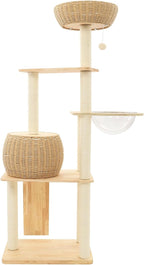 Modern Cat Tree, 55in Rattan Cat Tree Tower with Woven Condo, Clear Bowl, Washable Cushions, and Scratching Posts, Cat Furniture Activity Centre