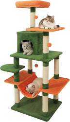 Tangkula 58 Inch Cat Tree Tower, Multi-Level Cat Tower with Sisal Scratching Posts, Padded Top Perch, Condo & Hammock, 3 Hanging Balls, Jumping Platforms for Indoor Cats (Green & Orange)