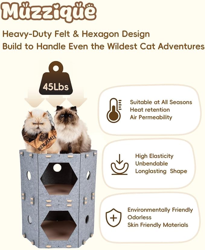 Cat Tunnel House for Indoor Cats, w/Hair Brush, DIY Expandable Modular Felt Pet Castle, Hidey Kitten Perch Condo, Large Stackable Kitty Cave, XL Two Story Sleeping Small Dogs Puppy Bed, 2 Tier Nest