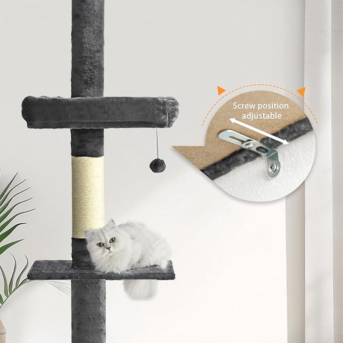 Floor to Ceiling Cat Tree, Cat Tower with Adjustable Height 98-110 Inches, 5 Tiers Tall Cat Tree Floor to Ceiling with Cozy Bed,Platforms, Sisal Scratching Posts for Cats Gray