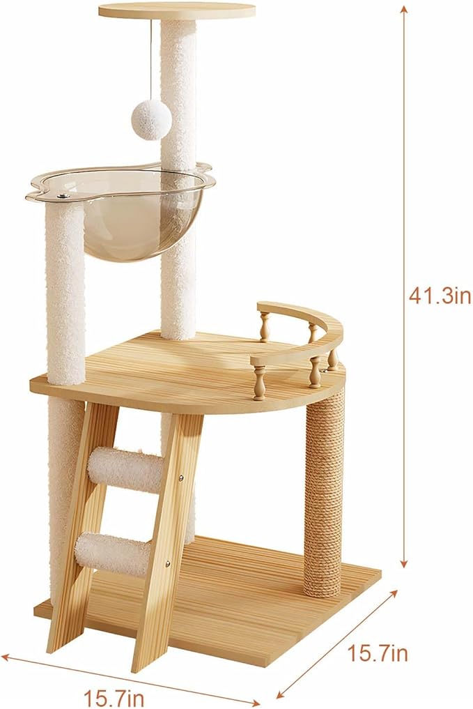 41.3” Wood Cat Tower with Sisal Scratching Post, Modern Cat Tree with Acrylic Bowl, Climbing Ladder & Hanging Ball Toy, Multi-Level Cat Activity Center (41.3 inch)