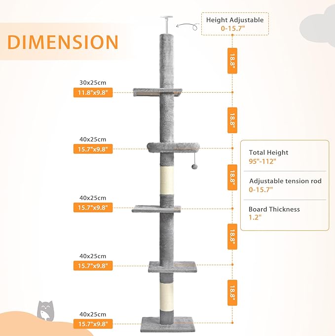 Floor to Ceiling Cat Tree, Cat Tower with Adjustable Height 98-110 Inches, 5 Tiers Tall Cat Tree Floor to Ceiling with Cozy Bed,Platforms, Sisal Scratching Posts for Cats, Soft Gray