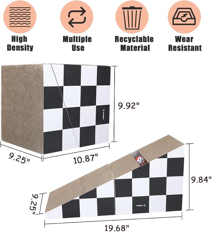 FluffyDream Cat Scratching Board with Ball, Triangle Cat Scratching Cardboard, Multiple Scratching Angles, 2-in-1 Scratching Lounge Bed, Recyclable and Durable, Furniture Protector, Black and White