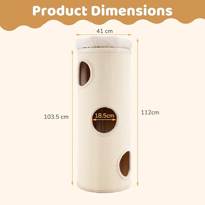 PETSITE 4-Story Cat Tree Condo, 49 Inch Multi-Level Barrel-Shaped Cat House with Sisal Scratching Pad, 3 Hideaways, Removable Soft Top Plush Bed, Ideal for Indoor Cats