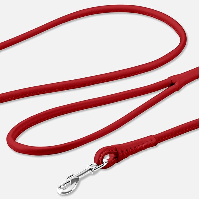 CollarDirect Rolled Leather Dog Leash 6ft, Soft Training Leather Dog Leash for Puppy and Grown Dog Small Medium Large Black Blue Red Orange Green Pink White (Red, Size S 6ft)