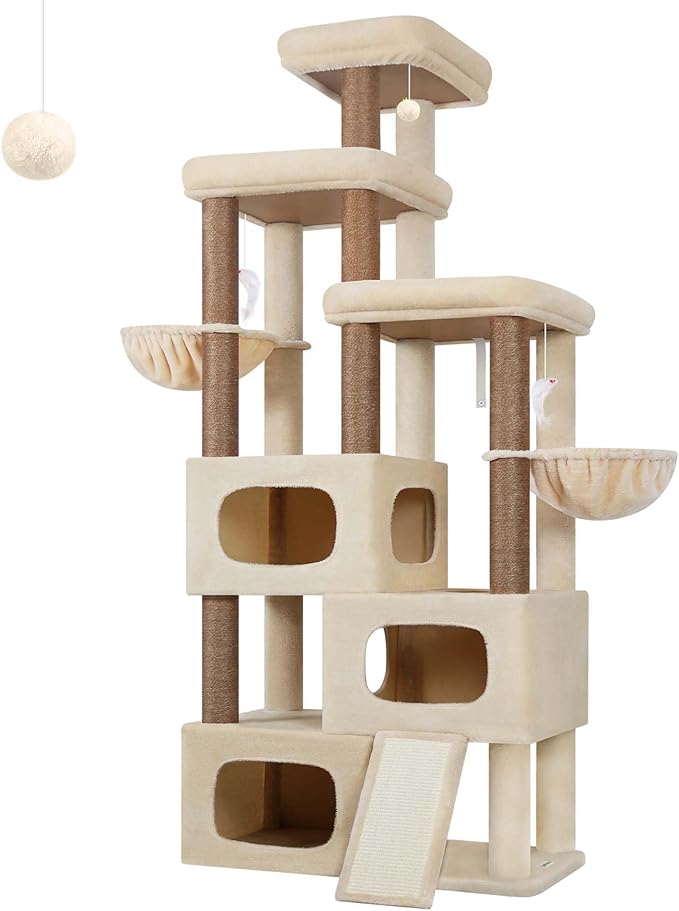 Globlazer 85 Inch Tall Cat Tree for Large Cats, Multi-Level Cat Tower for 4+ Cats with 3 Condos, 2 Hammocks & Sisal Posts, Heavy Duty Cat Tree Tower for Maine Coon, S85, Beige