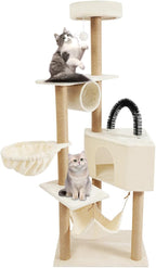 Cat Tree, W23.6*D15.7*H63in Cat Climbing Tower for Indoor Cats, Multi-Layer Cat Condo with Cat House, Hammock, Jumping Platforms, Scratching Posts, Holds 7.5kg/16.5lbs (Beige)