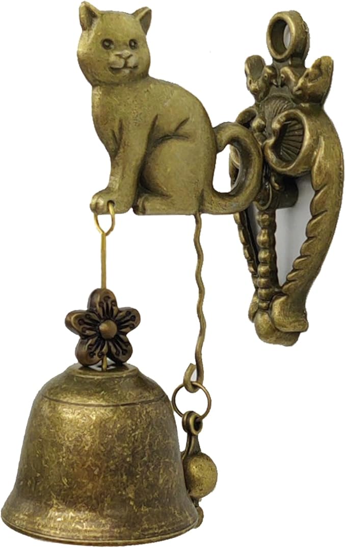Vintage Metal Doorbell Animal Figure Decorative Doorbell Cat Shape Decoration Hanging Bell for Yard or Garden Decorative Retro Style Lovely Cat Hand Bell Antique Style Shopkeepers Door Bell