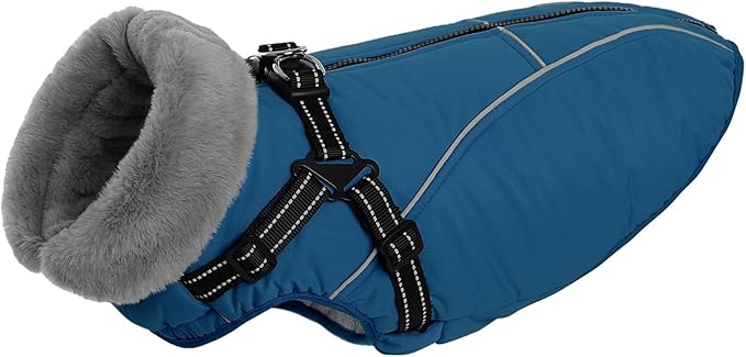 Queenmore Small Dog Coat,Dog Coat for Small Dogs,Reflective Windproof Dogs Jackets with Built-in Harness,Doggy Winter Jacket with Zipper On Back,Warm Pet Coats with Fleece Lining,Blue,S
