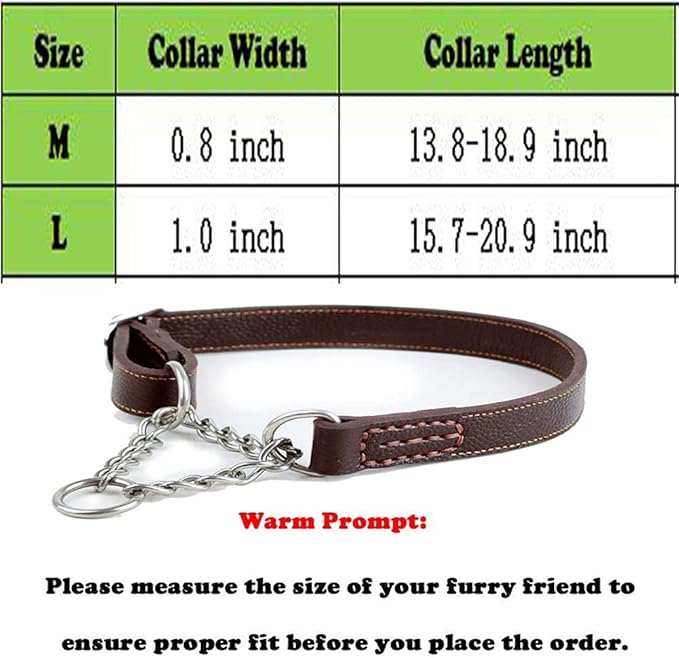 Love Dream Martingale Collars for Dogs, Leather Training Dog Collar, Stainless Steel Chain Anti-Escape No Pull Dog Collar for Medium Large Dogs (M(13.8"-18.9"), Brown)