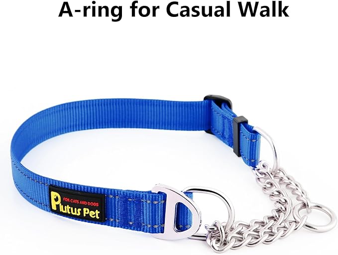 Plutus Pet Martingale Dog Collar with Stainless Steel Chain and Reflective Nylon, Adjustable No Pull Training Collar, for Small Medium, and Large Dogs, Royal Blue, L