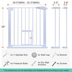COMOMY Auto Close Baby Gate with Cat Door, 29.5"-40.5" Extra Wide Dog Gate for House Doorways Stairs, Pressure Mounted Easy Walk Thru Pet Gate, Includes 4 Wall Cups and 2 Extension Pieces, White