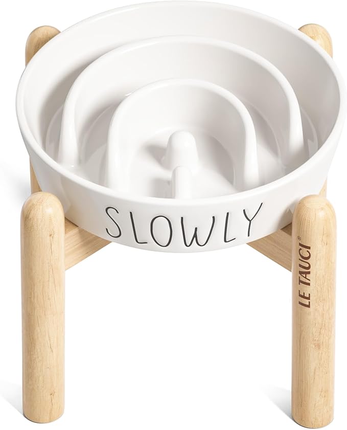 Ceramic Slow Feeder Dog Bowls Elevated for Small and Medium Breed with Wooden Stand, 1.5 Cups Dog Dishes to Slow Down Eating, Anti-Gulping Pet Feeding Dishes,White