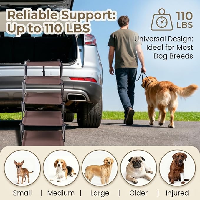 Dog Stairs for Car, 5 Steps Extra Wide Dog Ramps for Large Dogs, Foldable Lightweight Pet Steps for High SUV Truck Bed Couch, Heavy Duty Anti-Scratch Climbing Ladder, 110lbs Capacity