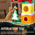 VINGLI 56IN Christmas Themed Plush Cat Tree, Multi Level Large Cat Tower for Indoor Cats with 3 Condos, Crown Top Perch, Xmas Tree Sisal Scratching Ramps, Posts & Hanging Balls Pet Activity Center