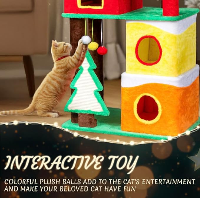 VINGLI 56IN Christmas Themed Plush Cat Tree, Multi Level Large Cat Tower for Indoor Cats with 3 Condos, Crown Top Perch, Xmas Tree Sisal Scratching Ramps, Posts & Hanging Balls Pet Activity Center