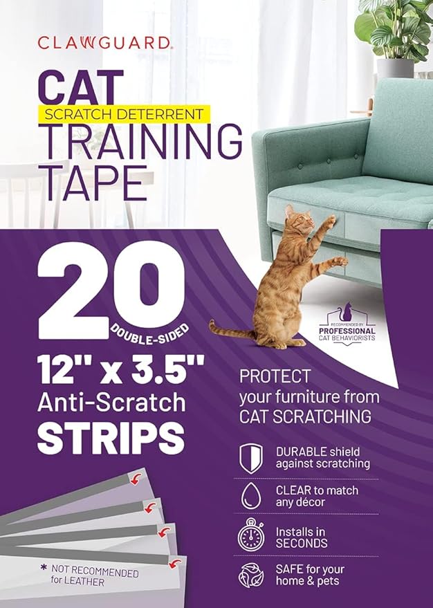 CLAWGUARD Cat Training Tape Strips – 20 Pre-Cut Double-Sided Anti Scratch Shields (12x3.5 in) – Cat Scratch Furniture Protector for Sofa & Surfaces