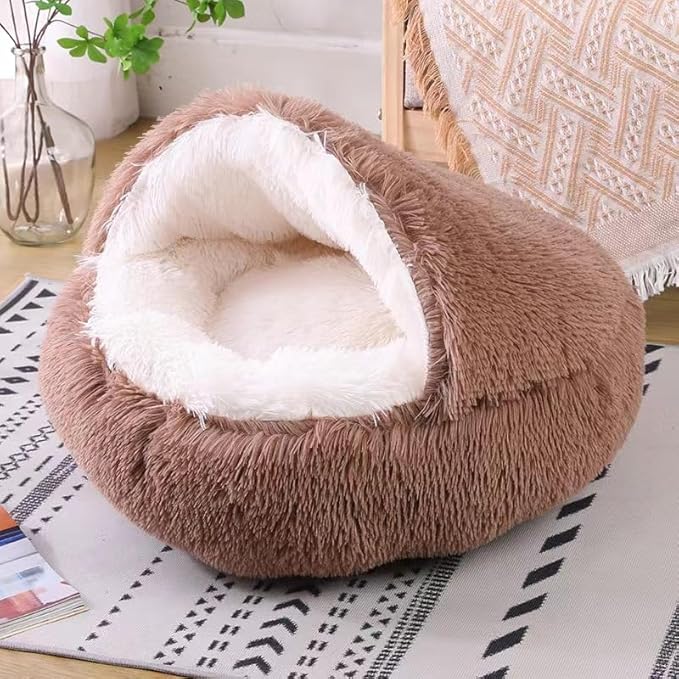 Cat Bed Round Fluffy Hooded Cat Bed Cave, Anti-Anxiety Cave Bed with Hooded Blanket, Cozy Cuddler Luxury Puppy Pet Bed, Anti-Slip Bottom and Machine Washable (Brown, Medium)