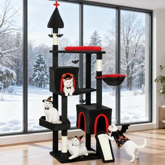 Premium Cat Tree Tower with Scratching Posts, Cozy Condos, and Hammock for Indoor Cats – Stylish Vertical Play Center (Black Multi + Cotton + Particle Board)
