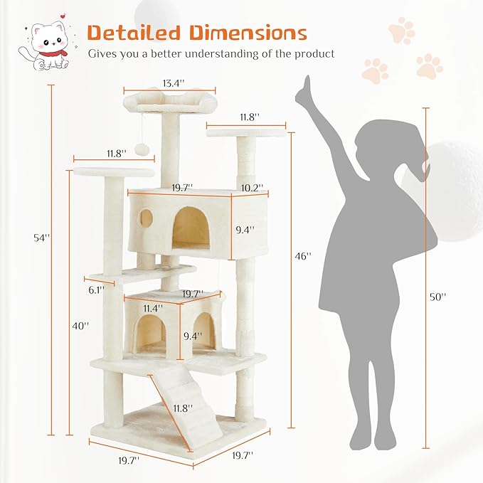 54 Inches Cat Tree Condo Furniture, Cat Tree for Indoor Cats, Cozy Hammock and Sisal Scratching Posts, Cat Tower Multi-Level Durable Cat Scratch Post for Kittens Pet House Play, Detachable, Beige