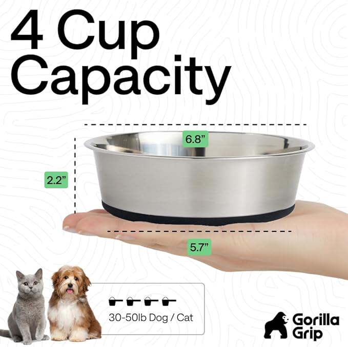 GORILLA GRIP Dog Bowls, Food Grade 304 Stainless Steel, Holds 4 Cups Each (32 fl oz) Food and Water Bowl for Feeding Dogs and Cats, Dishwasher Safe, Rust Resistant, BPA Free Rubber Base Set of 2 Black