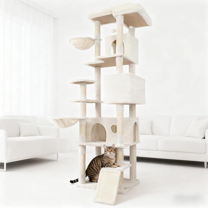 Beige 84in Heavy Duty Cat Tree, Cat Tree Tower for Indoor Cats Large Adult, Extra Cat Tower with 12 Sisal Scratching Post, Large Top Platform, Hammock, Cat Condo for Kittens