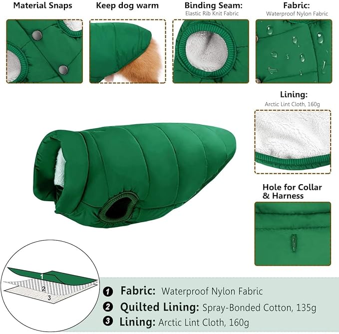 ASENKU Dog Winter Coat - Waterproof Windproof Dog Jacket, Warm Snowproof Doggie Puffer Vest for Cold Weather, Lightweight Snow Coats for Small Medium Large Dogs (XL, Green)