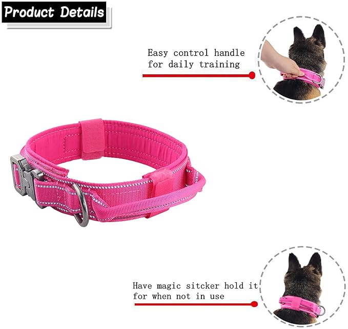 Tactical Dog Collar with Heavy Duty Metal Buckle and Control Handle for Medium Large Dogs Training(Pink, X-Large)