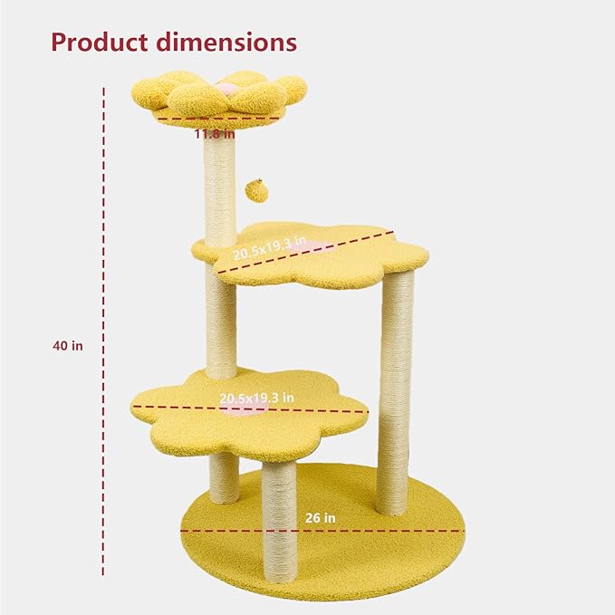 Cat Tree for Large Cats, Modern Senior Friendly 40'' Cat Tower with Wide Shelves, Scratching Posts, Super Sturdy Base, Cozy Perches, and Interactive Toys for Indoor Kittens (Yellow)