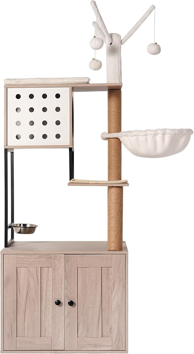 Cat Tree with Litter Box Enclosure - Modern Cat Condo with Scratching Posts, Feeding Bowl & Removable Pompom Sticks, Gray