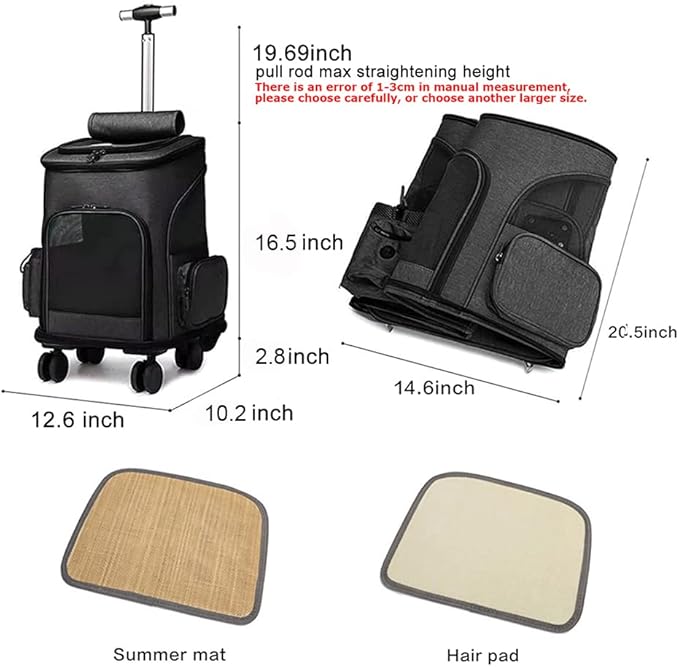 Wheeled Pet Carrier Backpack Pet Stroller, Travel Carrier, Car Seat for Small Dogs Cats Puppies, Comfort Cat Backpack Removable Rolling Wheels – Mesh Ventilation Windows (Black)