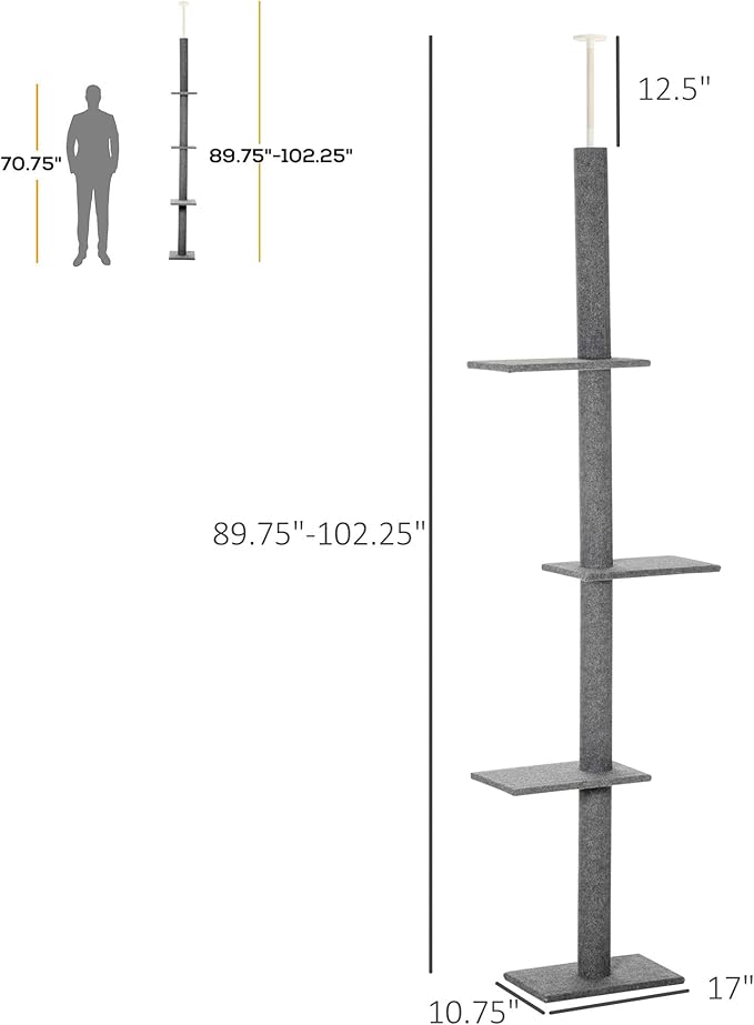 Floor-to-Ceiling 3-Tier Natural Cat Tree Sisal-Covered Scratching Posts Grey Color Multi-Functional Activity Center for Kittens