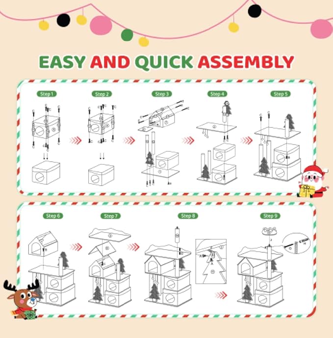 VINGLI 56IN Christmas Themed Plush Cat Tree, Multi Level Large Cat Tower for Indoor Cats with 3 Condos, Crown Top Perch, Xmas Tree Sisal Scratching Ramps, Posts & Hanging Balls Pet Activity Center