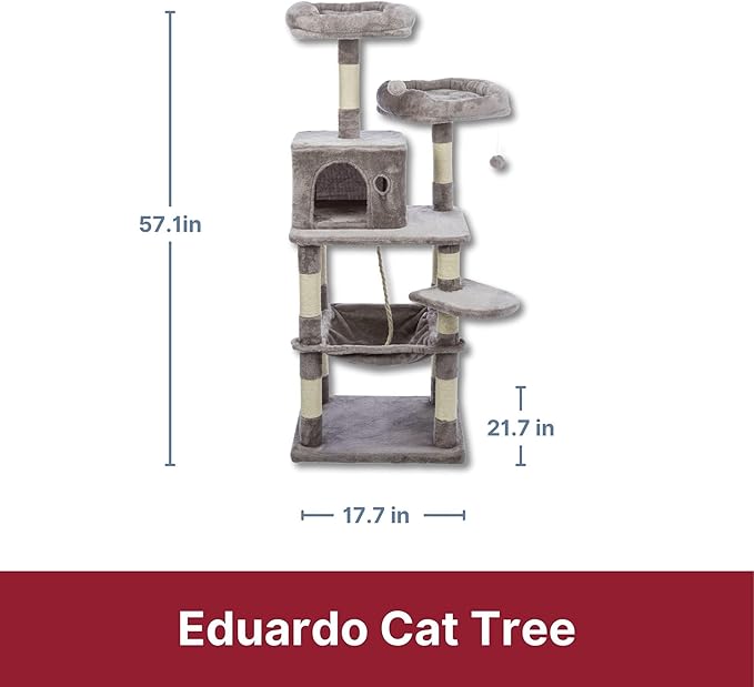 Trixie Eduardo Cat Tree – Cat Tower with Jute & Plush Posts, Condo, Hammock & Toys – Durable Cat Furniture for Indoor Cats – Gray, 21.7" x 17.7" x 57.1"