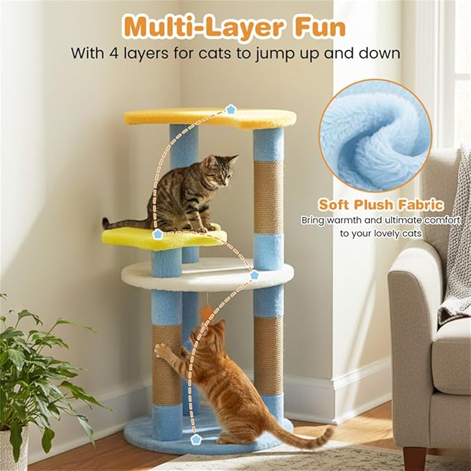 Moon & Star Themed Cat Tree Tower, 29" Tall, Cute Cat Tree for Indoor Cats, 4-Tier Cat Tree Tower for Indoor Cats with Jute Scratching Posts (Blue)