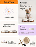 LE TAUCI PET Dog and Cat Bowl Set with Acacia Wood Stand - 2 Cup Ceramic Puppy Bowls for Cats &Small Dogs, Dual Food and Water Bowls with Weighted Non-Slip Base, Lines+Dot