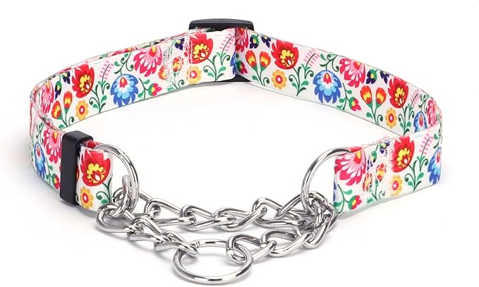 Martingale Dog Collar - Stainless Steel Chain, No Pull Training Collar with Flower Design for Large Medium Small Dogs (S, White)