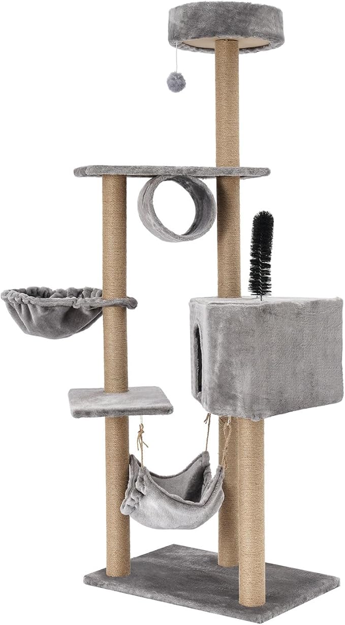 Multi-Level Cat Tower Cat Tree with Scratching Posts, Hammock, Condo, Jumping Platforms, 16.53 Lbs Load Capacity, 63" Tall Wooden Cat Condo Perch for Indoor Large/Small Cats (Silvery Grey)
