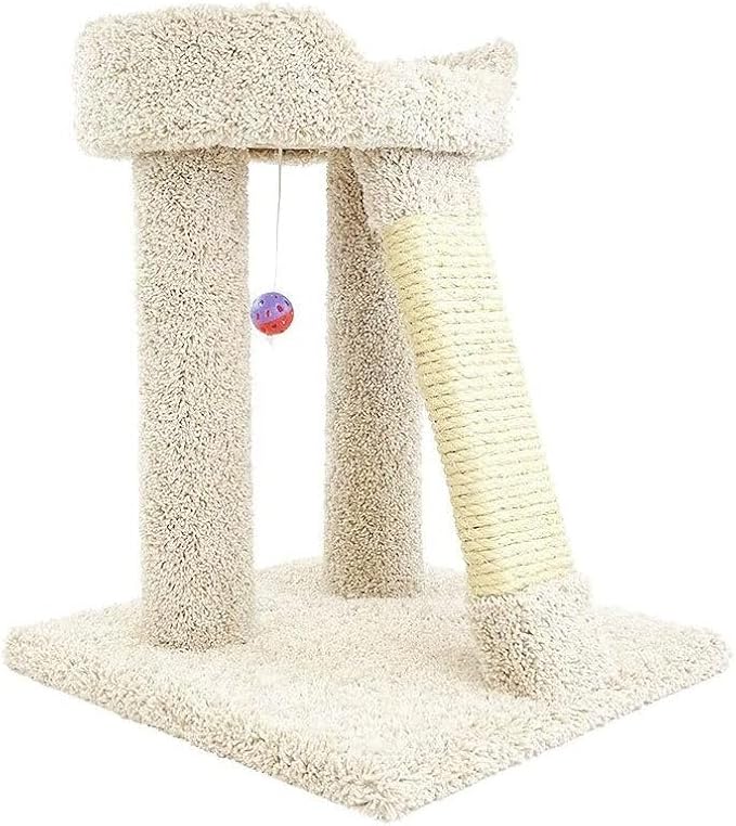 Maykoosh French Flair Elevated Cat Scratch Post with Cat Bed, Compact and Stylish Elevated Cat Bed with Plush Carpet and Sisal Scratching Post, Perfect for Sleep and Play Beige