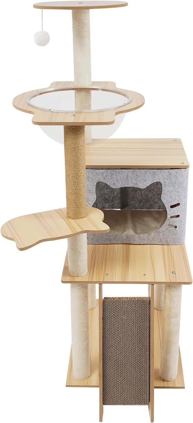 47.2-Inch Cat Tower, Multi-Level Cat Scratching Climbing Frame Cat Tree with Toy for Indoor Cats Paper Pillar Scratching Posts, Grey