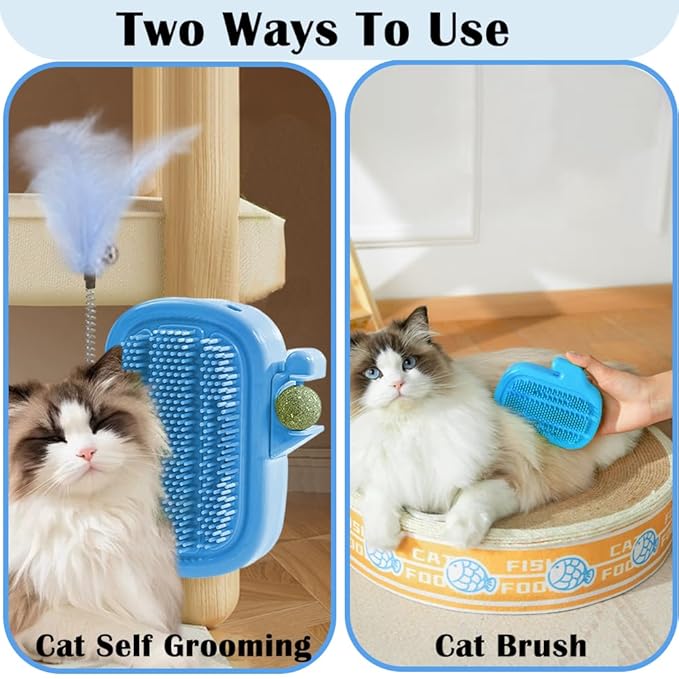 3-in-1 Cat Self Groomer Brush – Wall Corner Cat Scratch Pad with Catnip Ball & Feather Toy, Cactus-Style Wall Brush for Indoor Cats, Cats Massager & Face Scratchers for Fur Pets