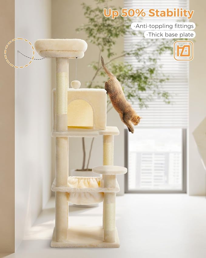 PEQULTI Cat Tree for Large Cats with Metal Frame Big Hammock, Cat Tower for Indoor Cats with 2 Door Condo House, [56.3"=143cm] Multi-Level Cat Shelves with Scratching Posts and Top Perch, Beige
